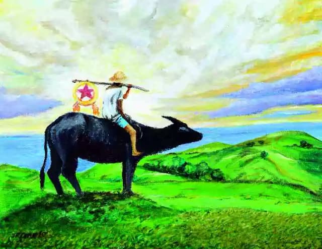 Painting by John Feruelo of a man riding an Ox on a grassy plain