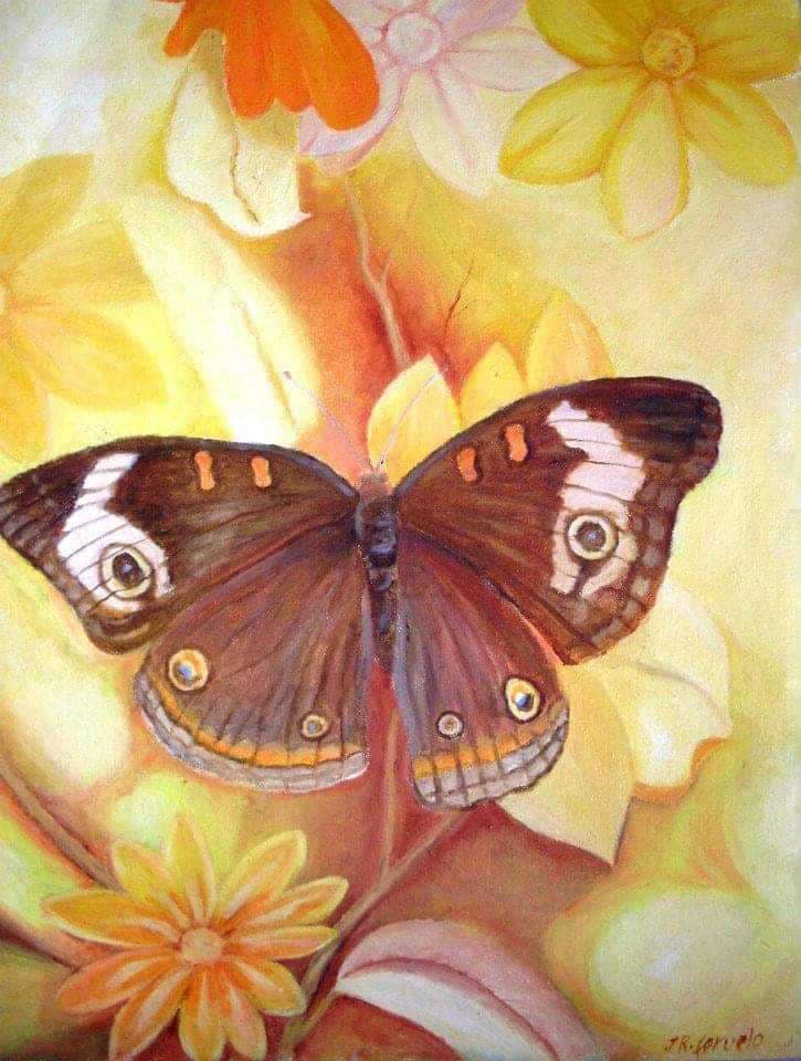 Painting of a butterfly on on flowers done by John Roland Feruelo